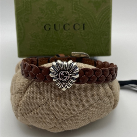 Gucci Jewelry - Gucci Brown Braided Leather Bracelet with Silver Floral Detail Full inc